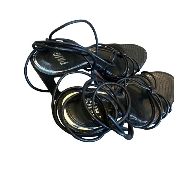 Paige Viola Black Snake Embossed Leather Heels Strappy Ankle Tie Size 7.5 Womens - Picture 4 of 12